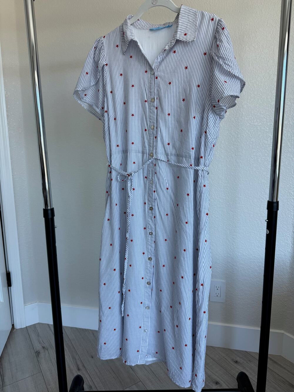 Draper James RSVP Star Embroidered Stripe Shirt Dress L Cotton Tulip Sleeve